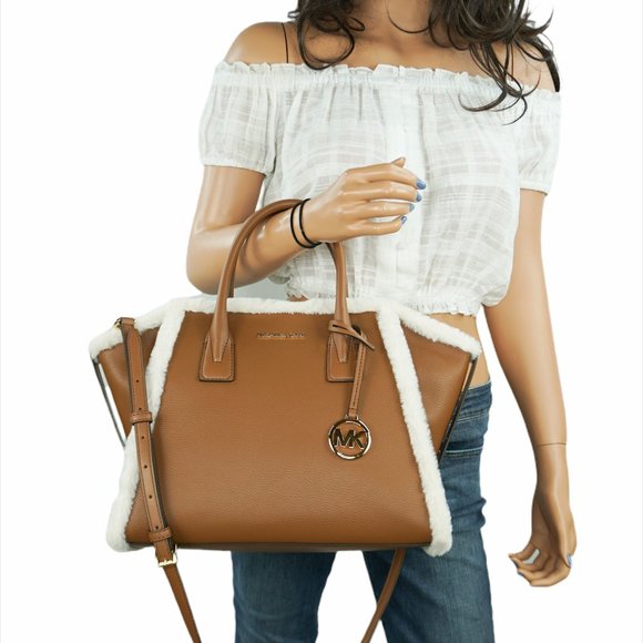 Michael Kors Avril Large Top Zip Satchel Shoulder Bag Brown Fur - Picture 1 of 13
